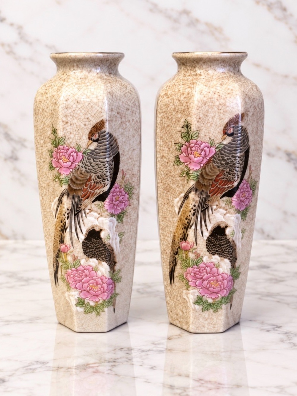 Pair of vintage Japanese porcelain crackle-glaze vases